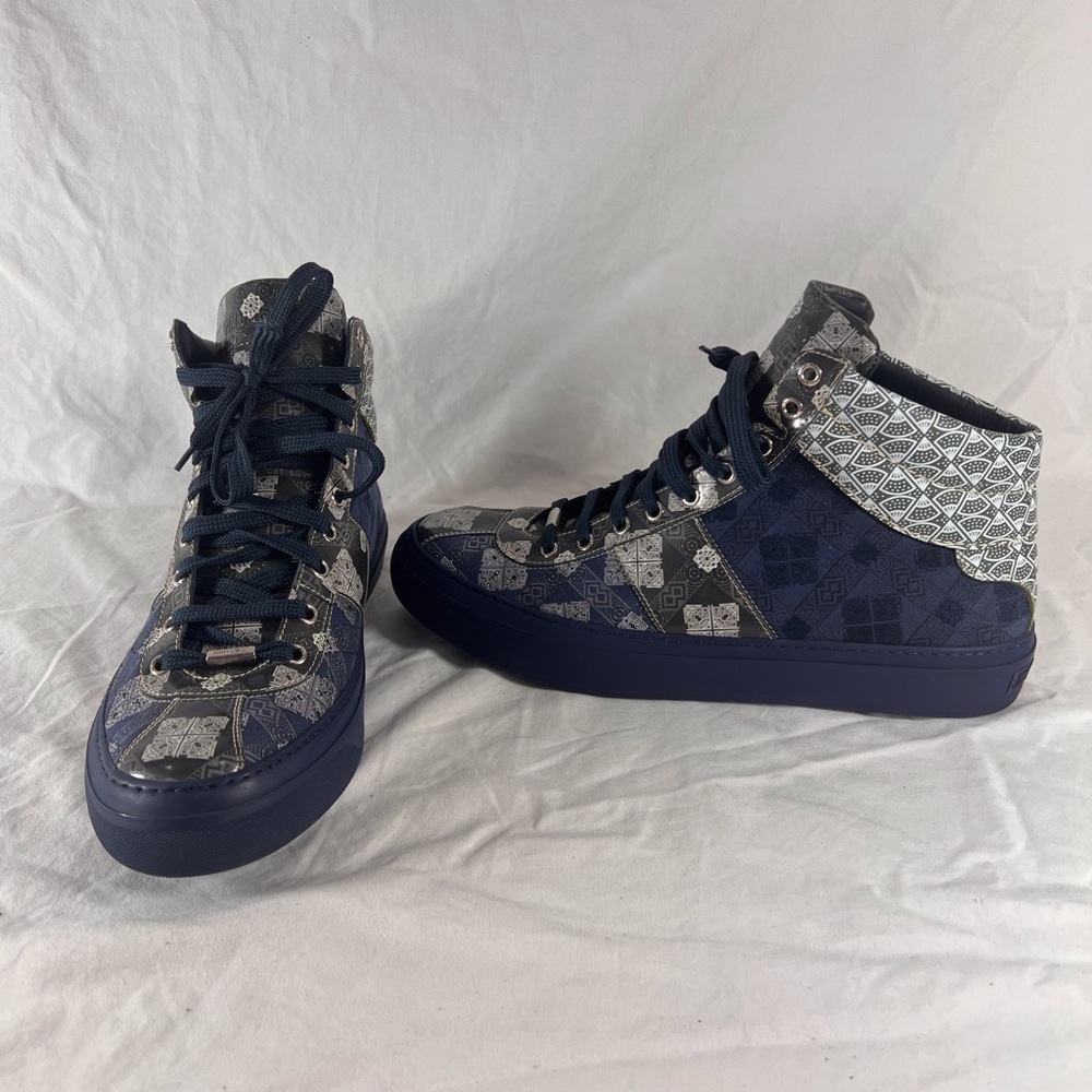 JIMMY CHOO Navy Blue Pattern Canvas Leather High Top Sneakers Marked as 45 12US